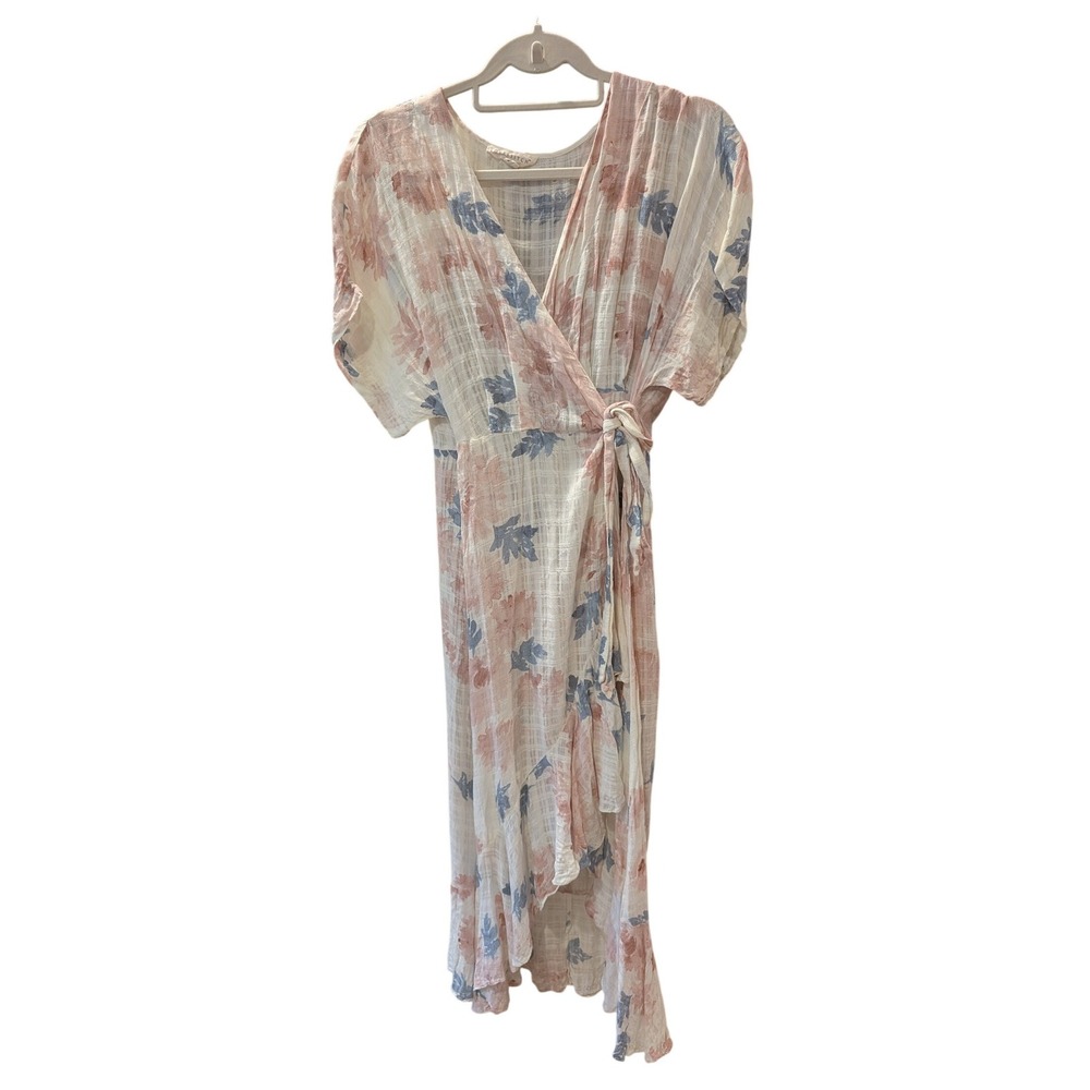 Lovestitch Floral Wrap Dress High Low Ruffle Hem Ivory Pink M Blue Slip Liner